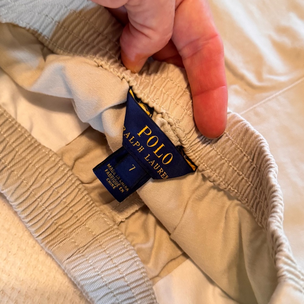 POLO by RALPH LAUREN Boys Kids Khaki Tan Elastic Pull-up Shorts w Blue Logo - Picture 8 of 9